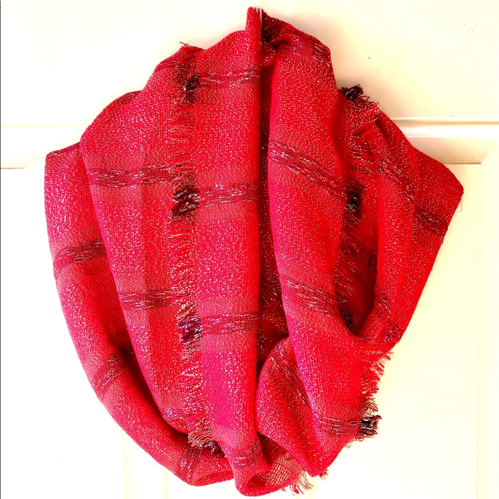 Collection Eighteen Red Striped Metallic Silver Fringed Viscose Infinity Scarf